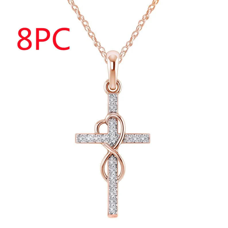 Alloy diamond eight-character cross necklace in gold, silver, and rose gold with adjustable length