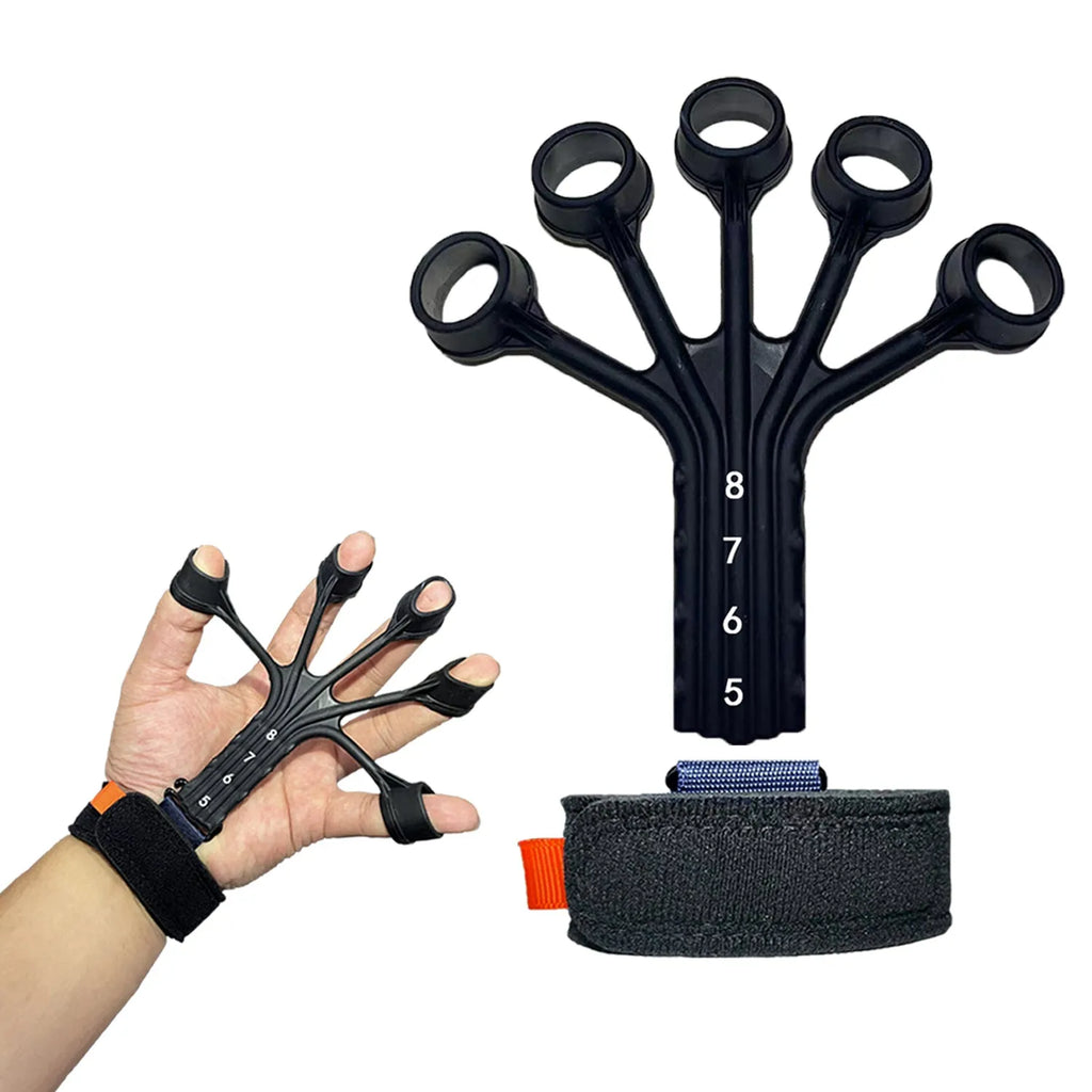 Black silicone finger flexion extension trainer with adjusting belt for hand rehabilitation