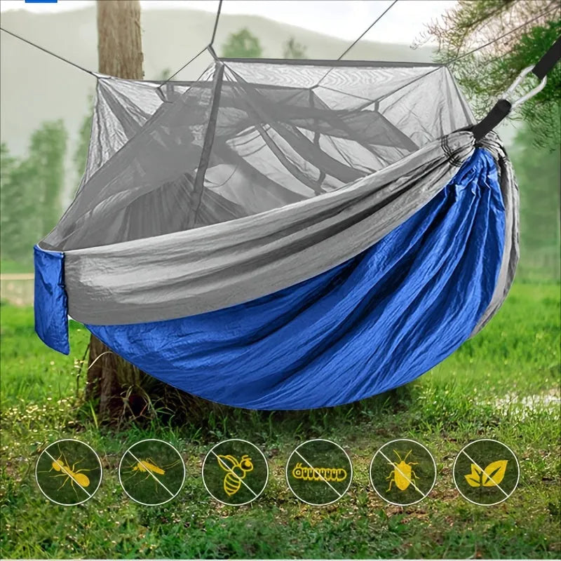 Camping hammock portable double with mosquito net for two people outdoor hiking travel blue green orange pink