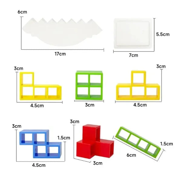 Plastic balancing stacking game with 16 colourful blocks and chassis for family entertainment