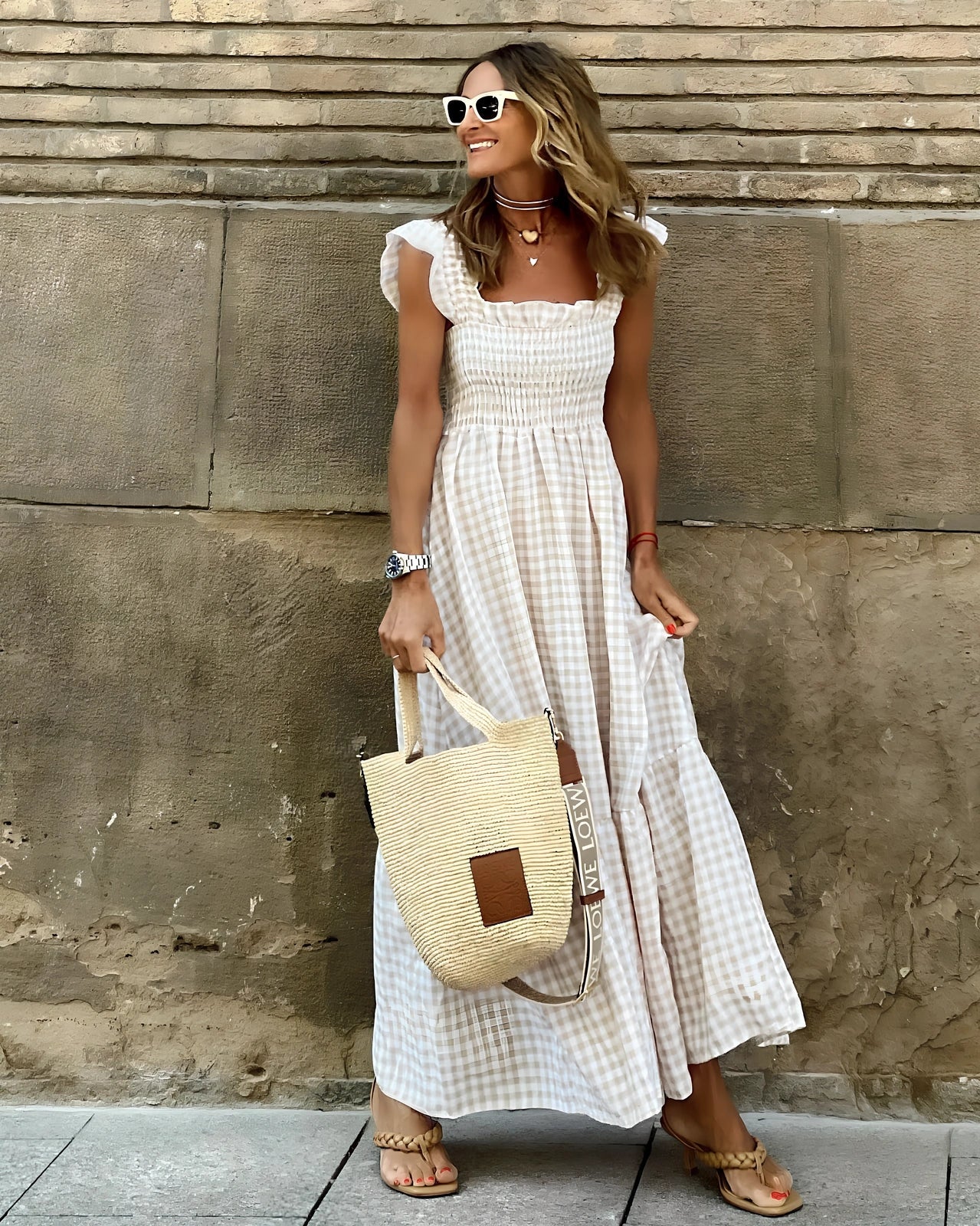 Summer plaid print pleated ruffle sleeveless A-line beach dress in sky blue, 134cm length, polyester fabric for women sizes S-3XL