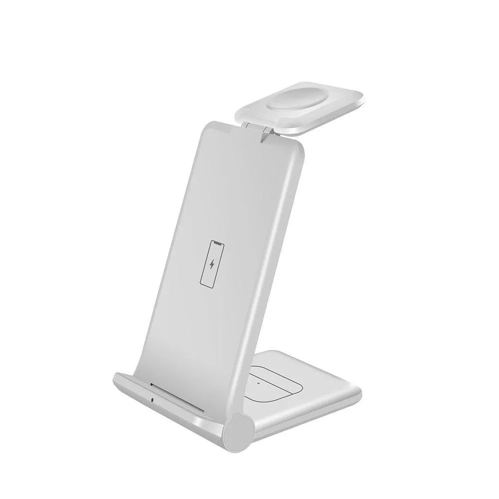 Black and white 3-in-1 foldable wireless charging station dock for iPhone, Samsung phone, AirPods and Apple Watch.