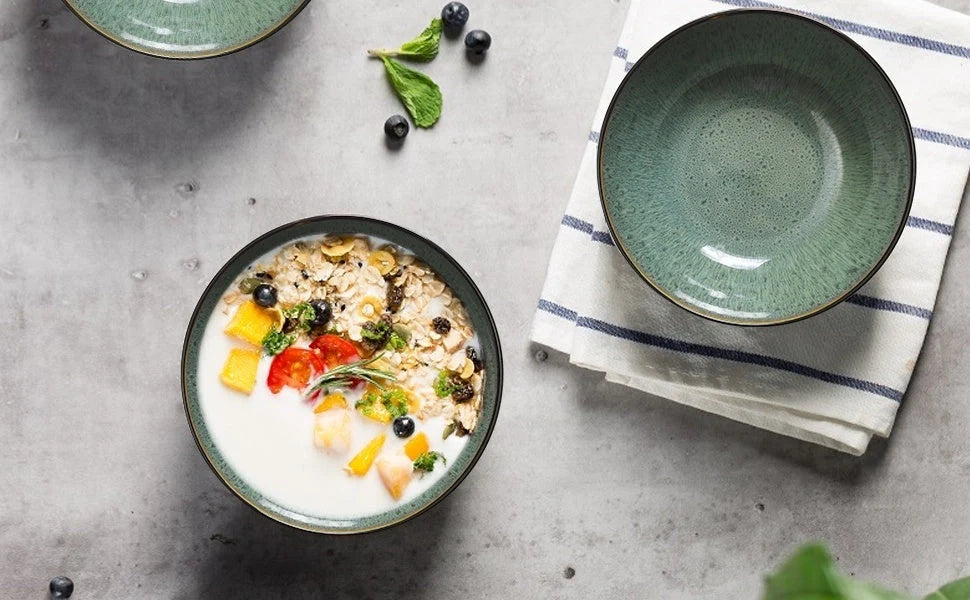 Peacock blue ceramic bowl set, 30oz capacity, dishwasher and oven safe