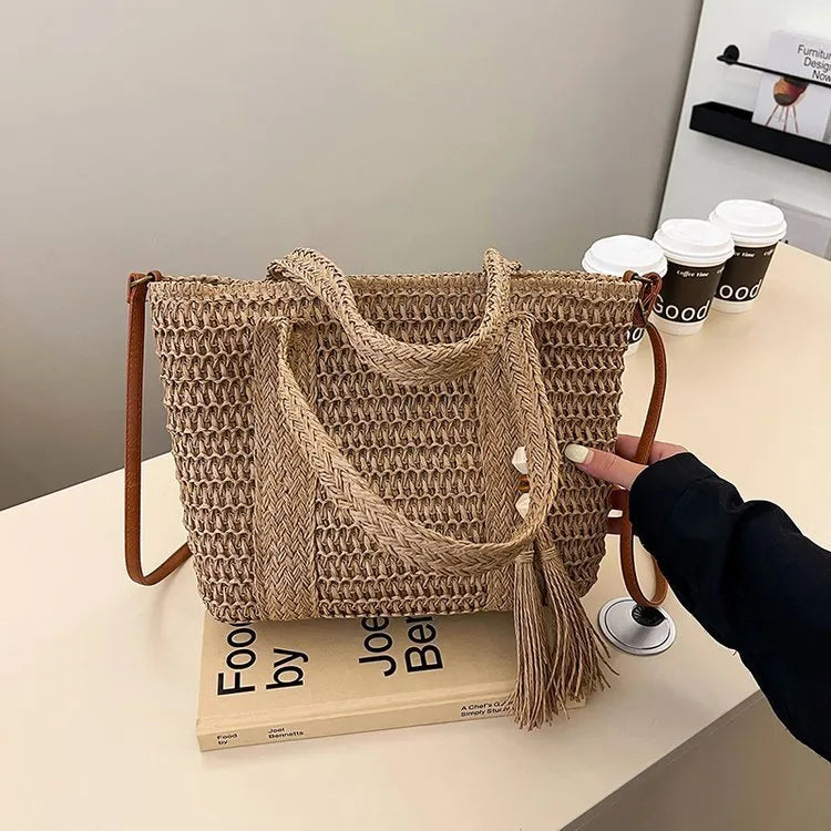 Women's straw woven crossbody shoulder bag in milky white or khaki with large capacity