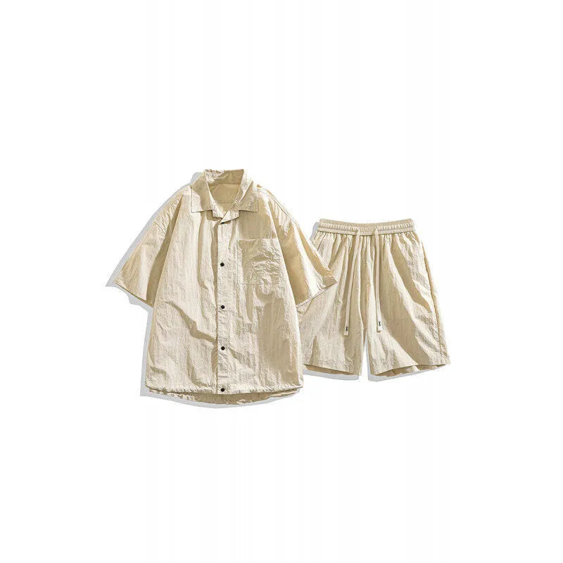 Men's loose grey hemp-blend casual shirt and shorts two-piece set on a hanger