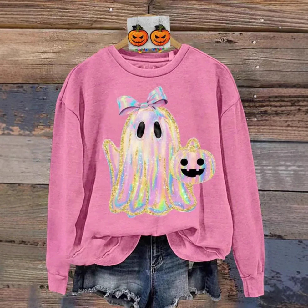 Women's grey Halloween sweatshirt with raised orange pumpkin 3D print, crew neck, long sleeves