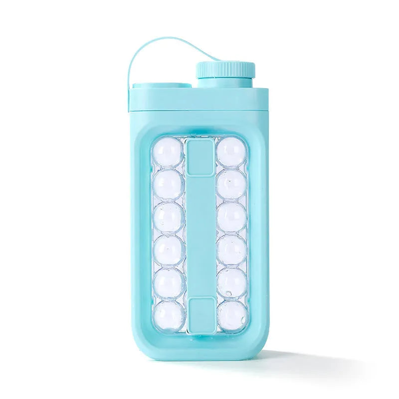 Light blue and white portable ice ball kettle with 17 spherical moulds and bottle function