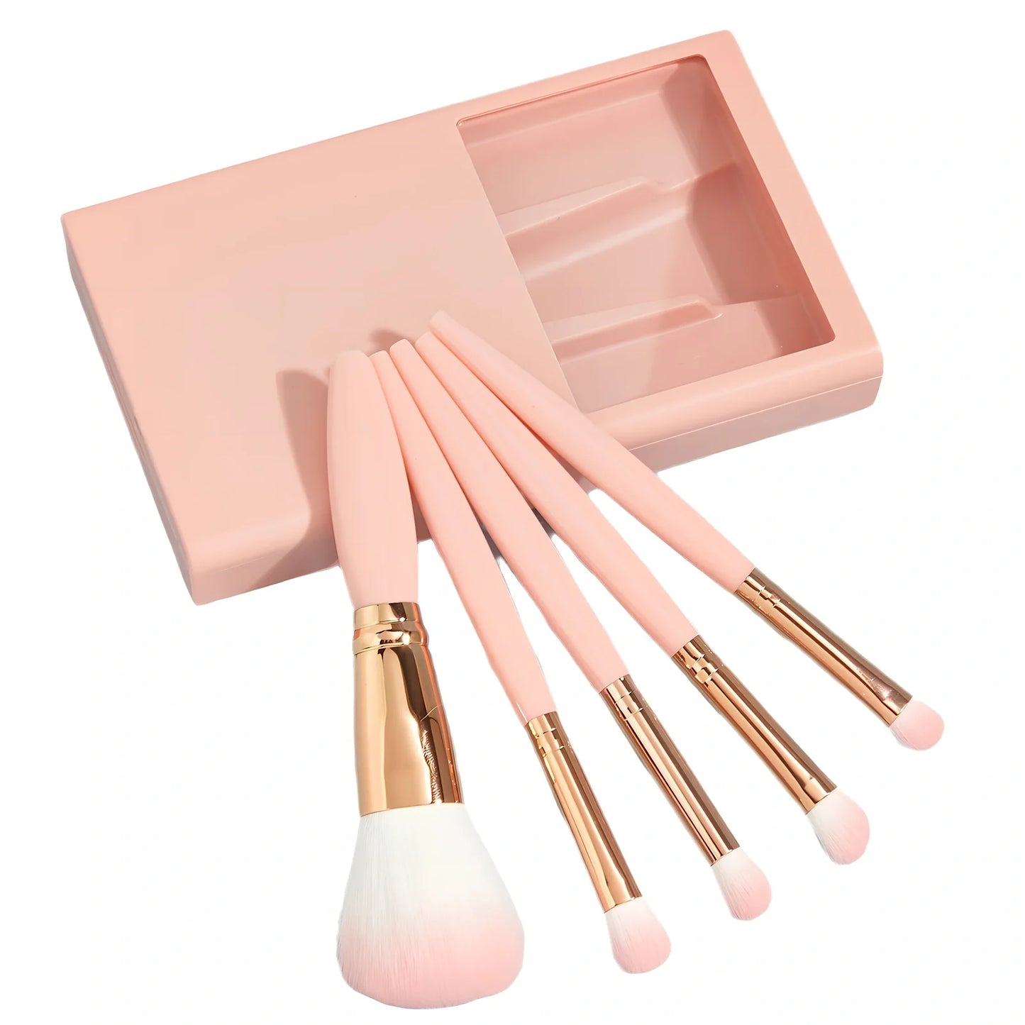 Sky blue 5-piece makeup brush set with plastic handles and travel mirror box, compact for bags