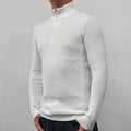 Men's black half-turtleneck zipper sweater in American style on a hanger.