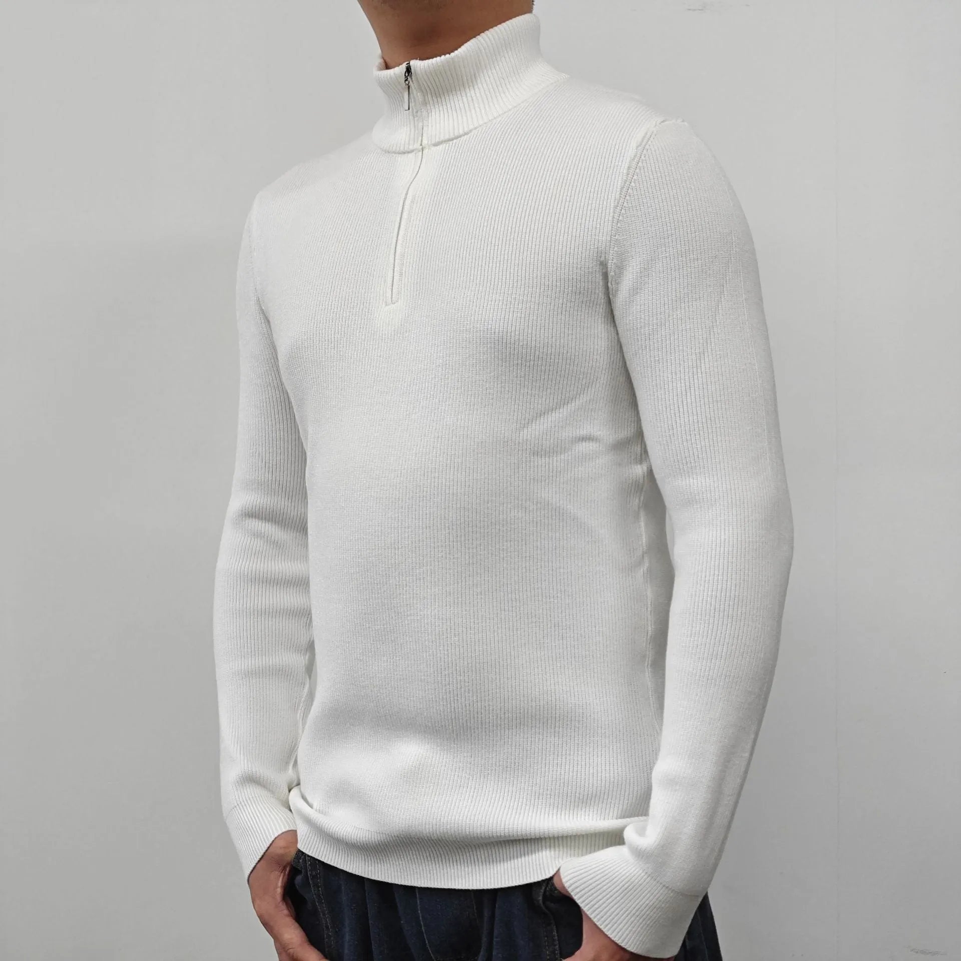 Men's black half-turtleneck zipper sweater in American style on a hanger.