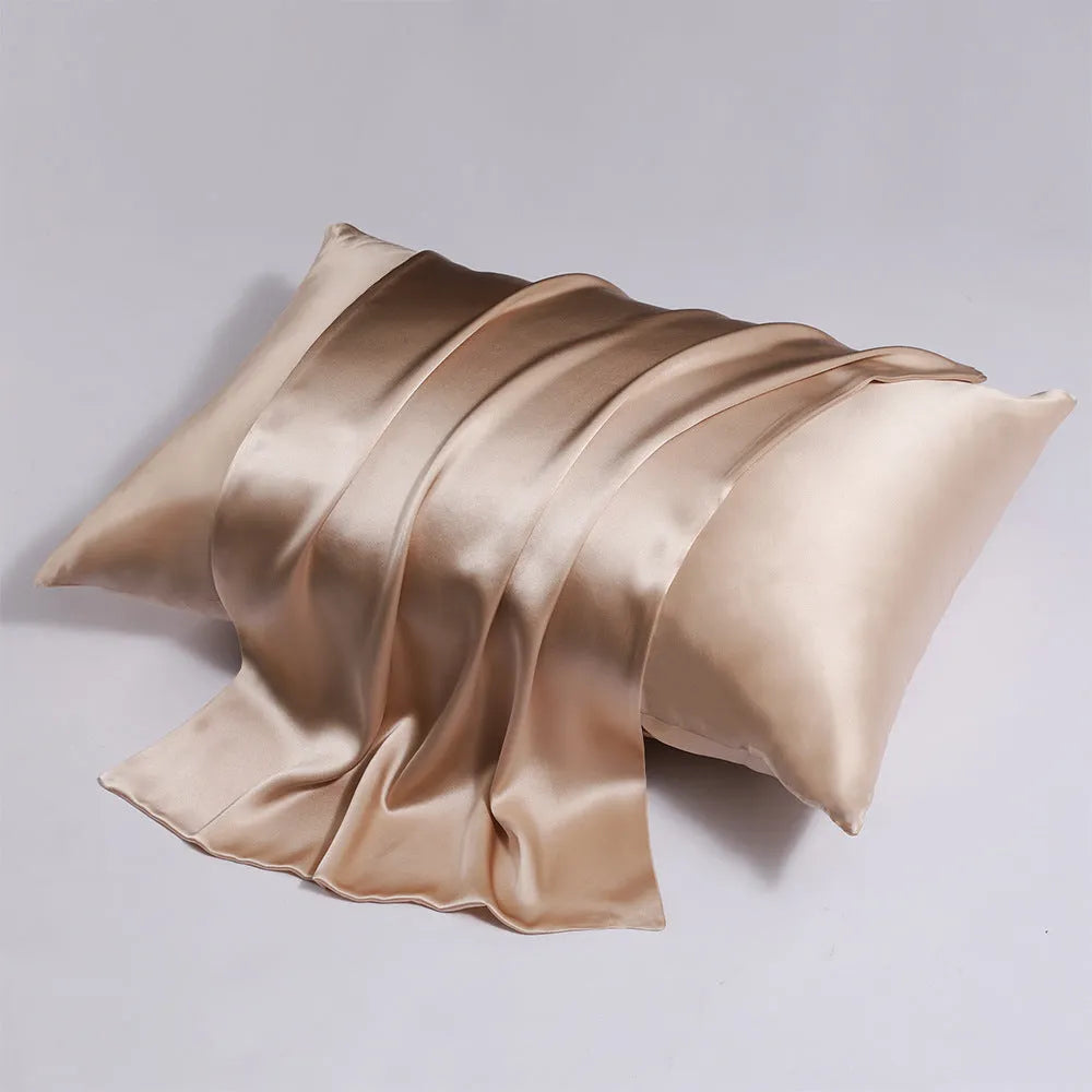 Zipper silk double-sided pillowcase in light champagne colour showing concealed zipper and mulberry silk texture