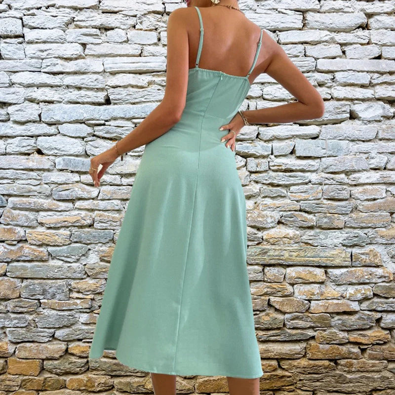 Women's V-neck Slit Sling Dress in various colours for summer fashion