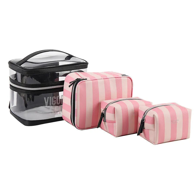 Pink bold stripes floral pattern synthetic leather makeup bag with nylon lining
