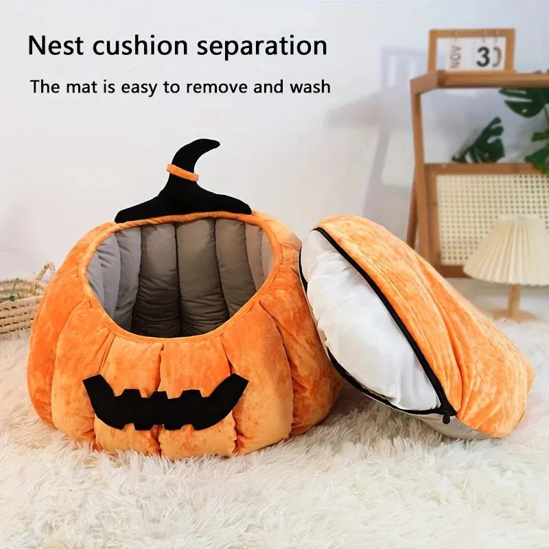 Halloween pumpkin cat bed with cartoon devil design in plush fabric for cats and small dogs