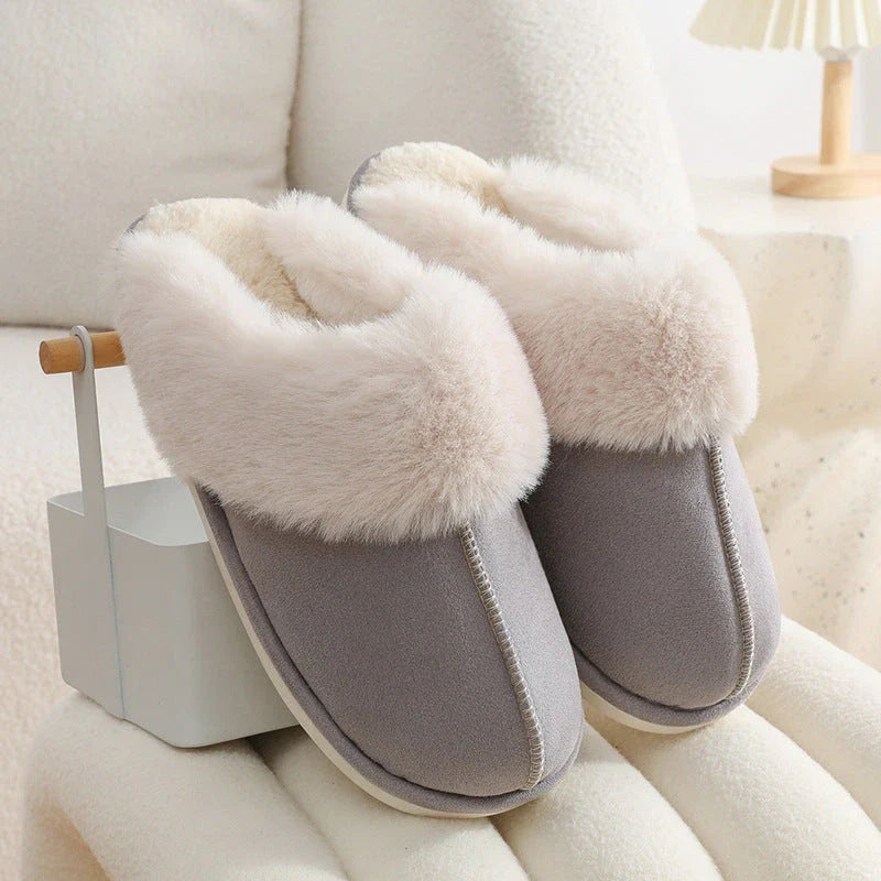 Cozy plush home slippers in a variety of colors, featuring a soft lining and non-slip sole for maximum comfort and traction