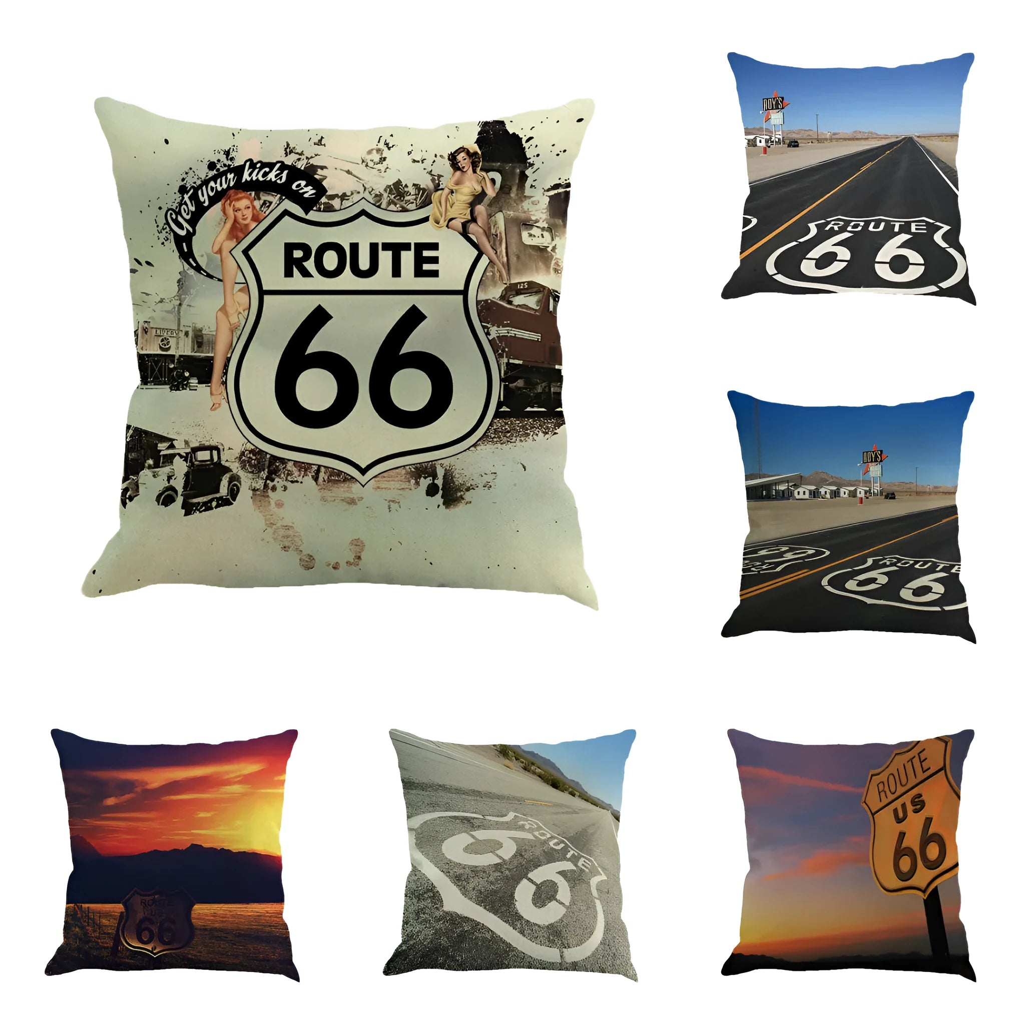 Square linen cushion cover with Route 66 road landscape print, shown in one of six available colours.