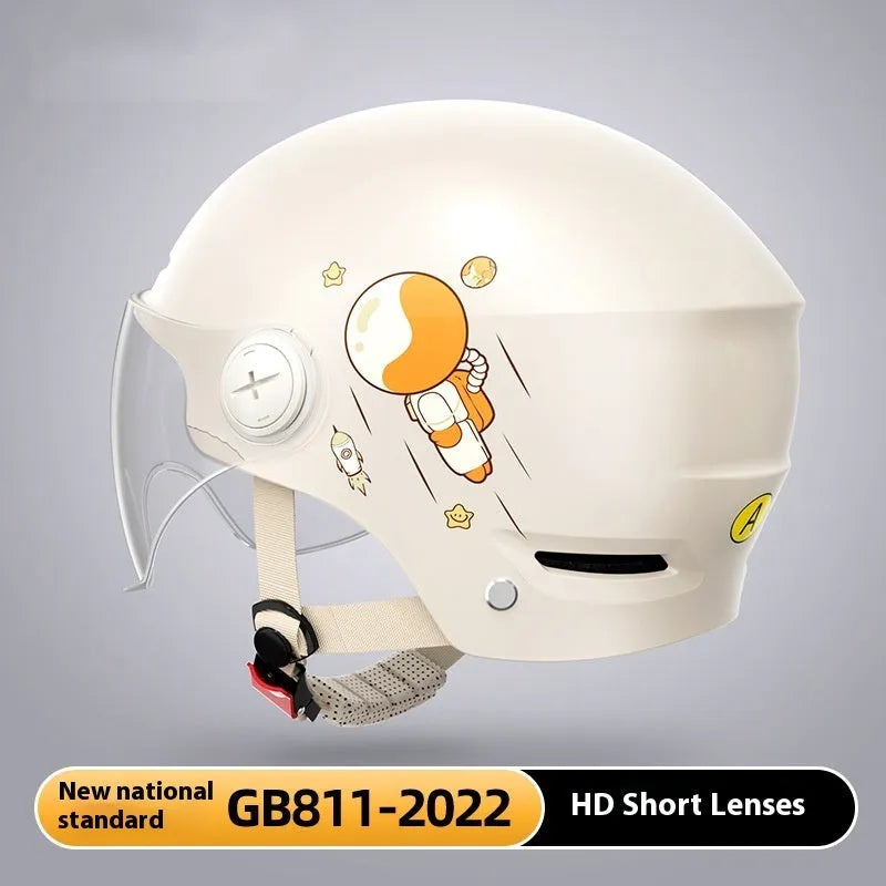 Khaki coloured motorcycle half helmet for adults on a white background, showing the ABS shell and short glasses attachment.