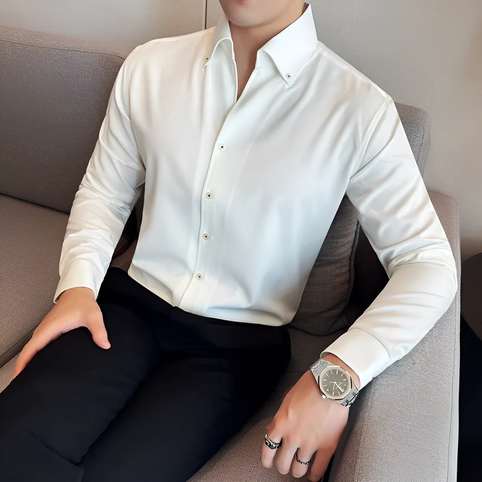 Men's slim fit long sleeve denim shirt in solid black, blue, or white colour.