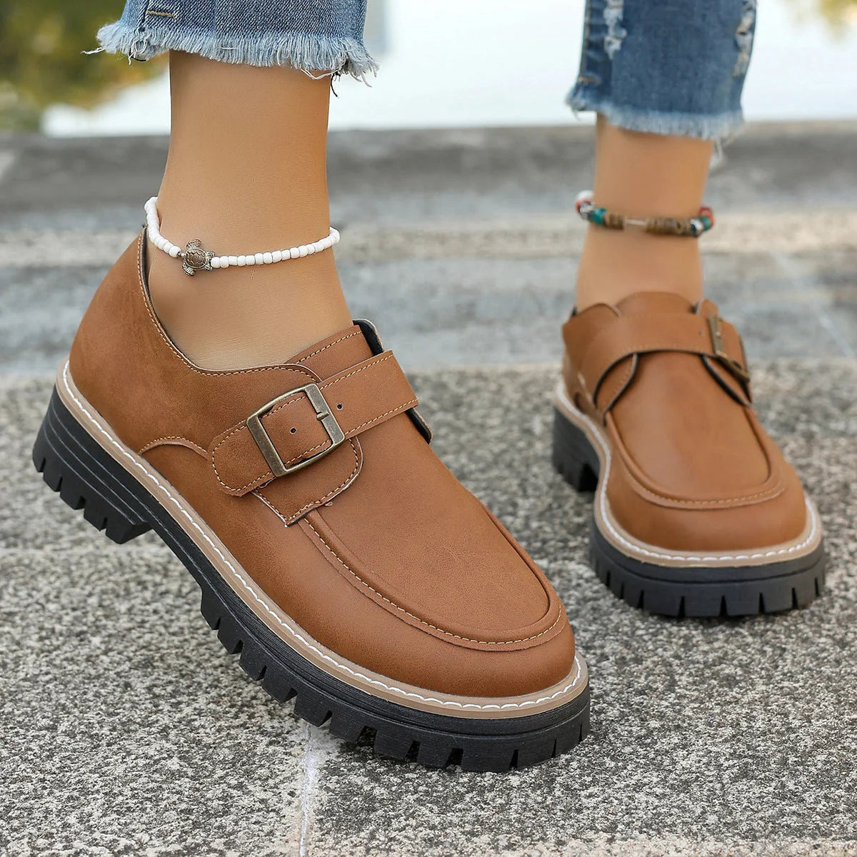 British-style buckle loafers for women with thick sole for height increase