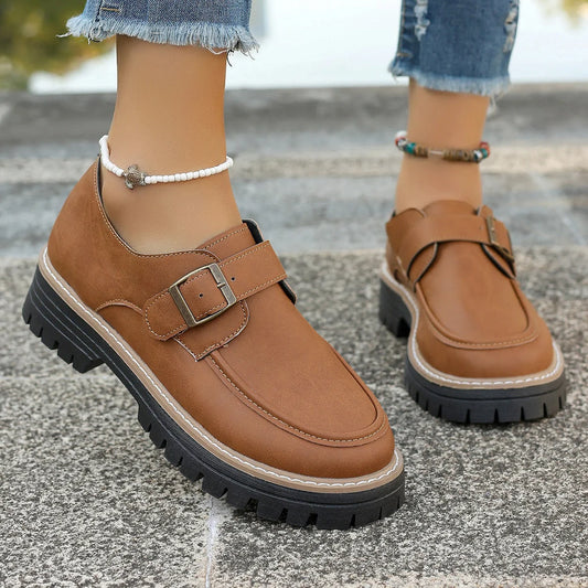 British-style buckle loafers for women with thick sole for height increase