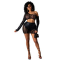 Women's black hollow-out net top and matching short skirt two-piece set on a model.