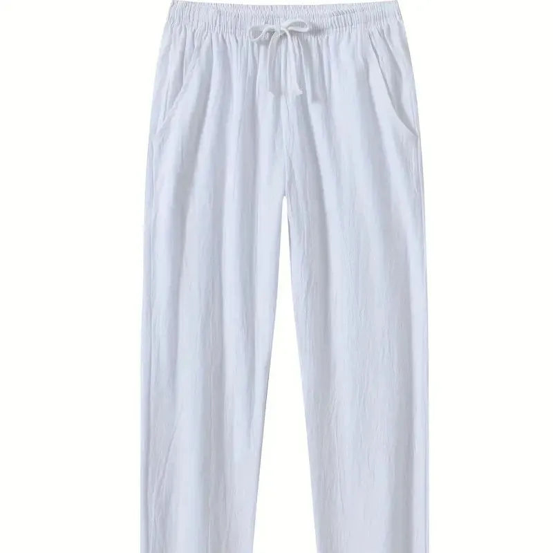 Men's cotton linen beach trousers in loose casual fit showing four colour options with European size labels