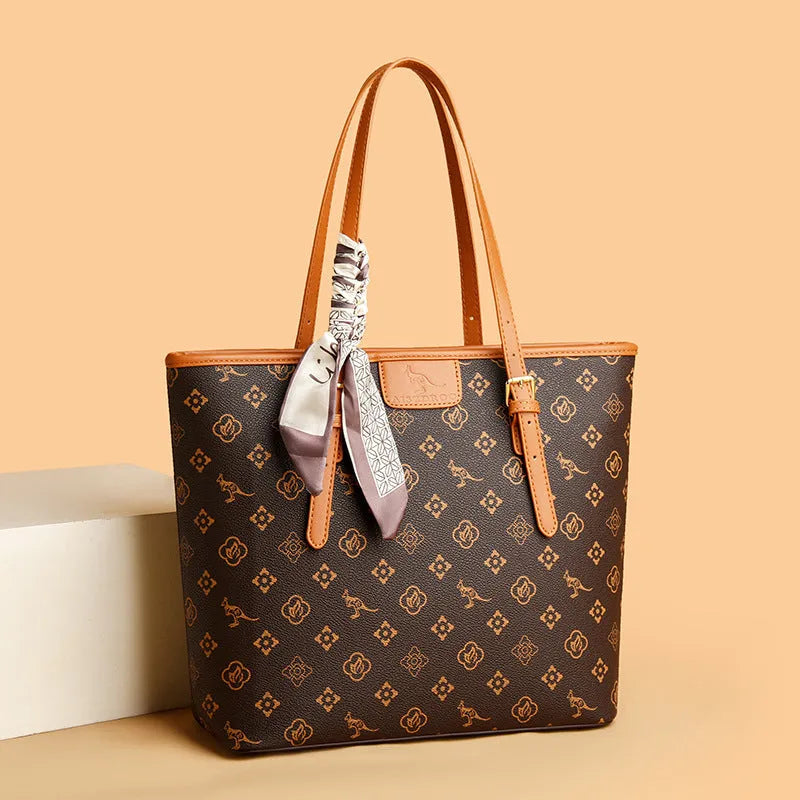 Large capacity women's shoulder bag with printing, PU material, horizontal square shape, sandwich pocket, double straps, colour black, brown, beige