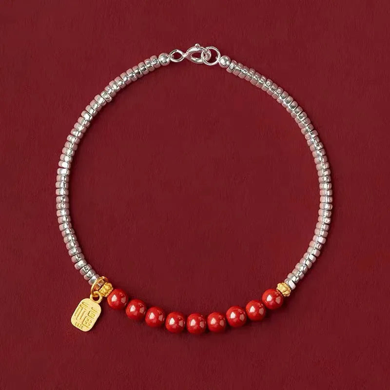 White K silver lucky beads couple bracelet with geometric round design measuring 16cm length