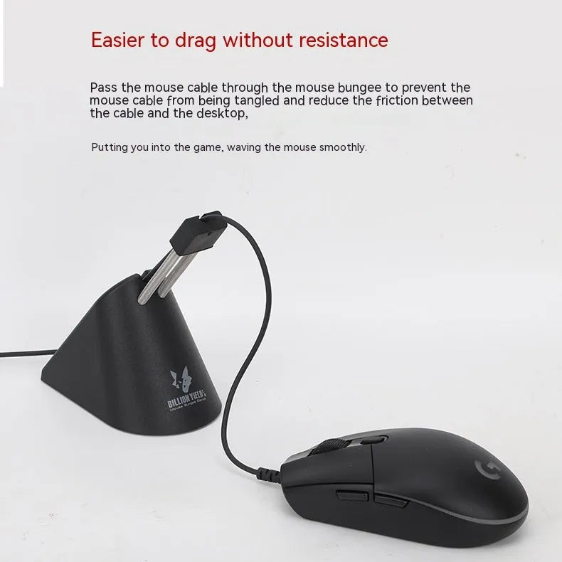 Black and white ABS plastic mouse cable holder bracket for wired gaming mice on a desk.