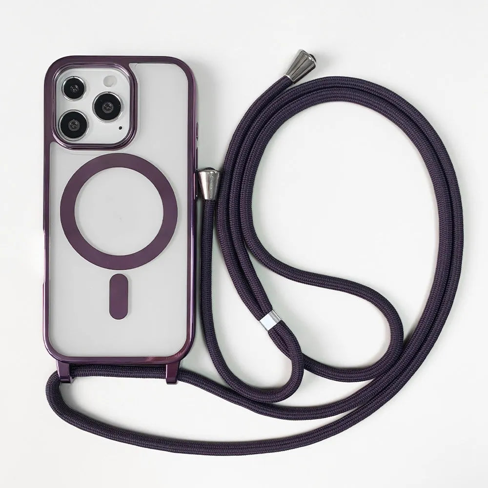 Transparent magnetic lanyard phone case for iPhone with black lanyard, TPU shockproof material, electroplating finish