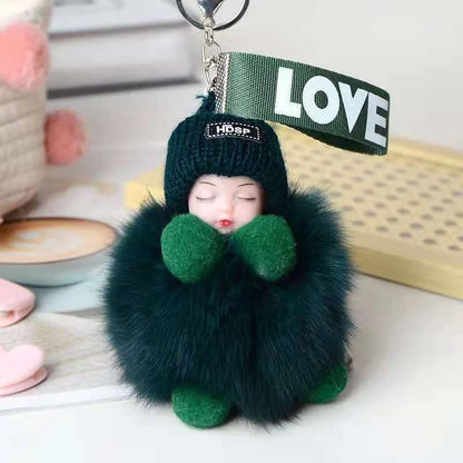 Hand-woven fox fur sleeping doll plush keychain pendant with or without bow