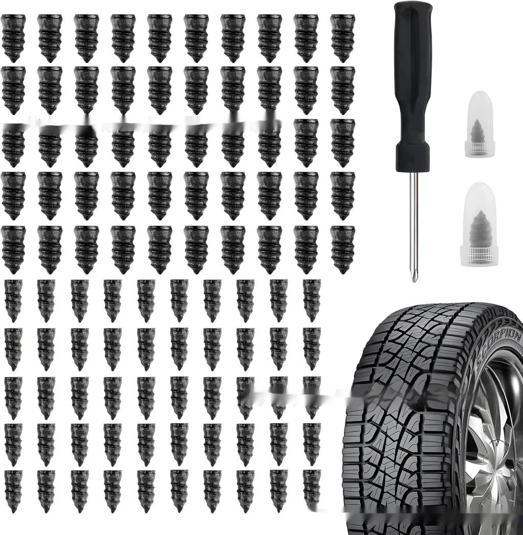Rubber tyre repair screw kit with black screwdriver, 50 large and 50 small screws