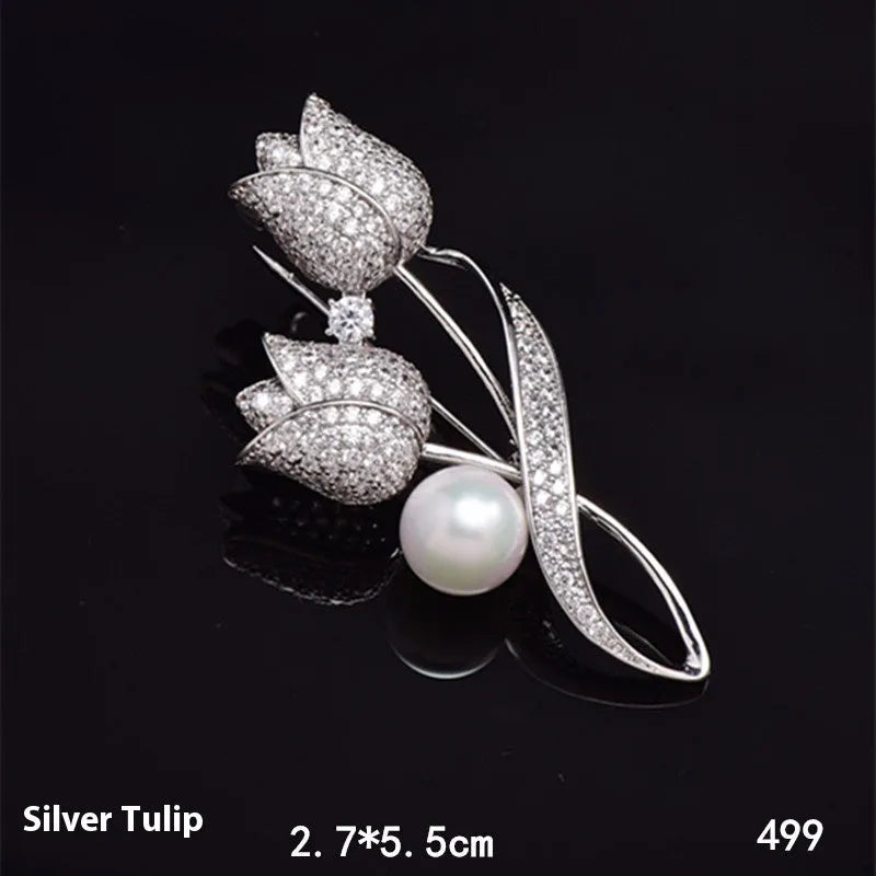 Women's flower-shaped brooch with micro-inlaid zircon detail in silver tulip colour