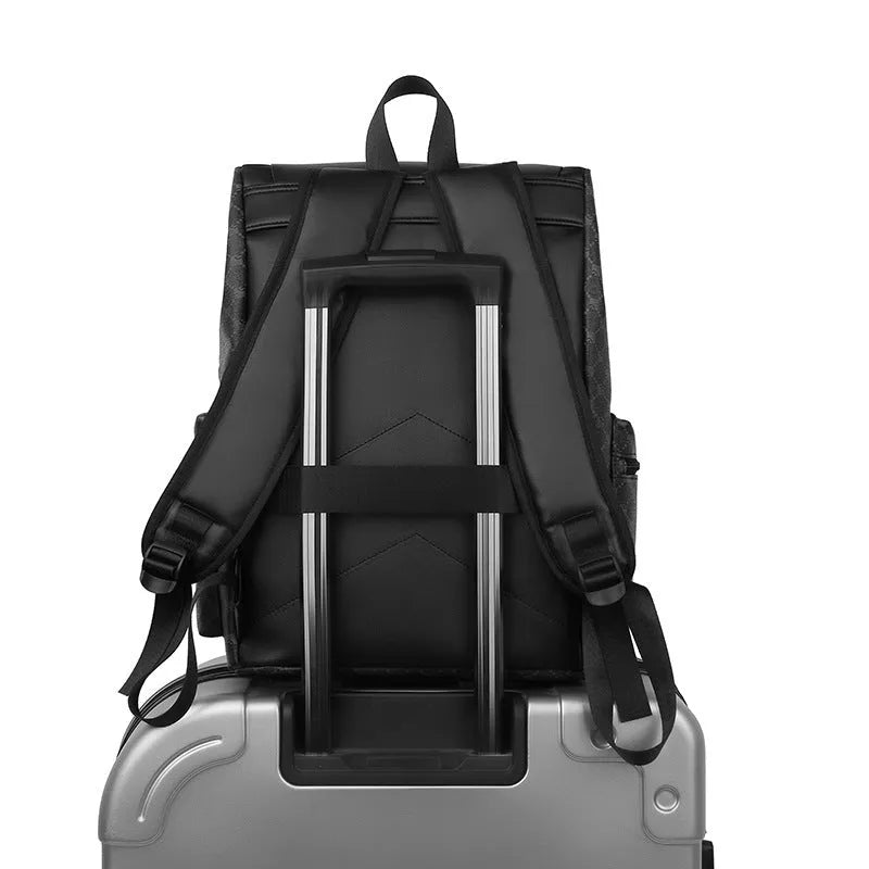 Men's plaid commute backpack in black plaid wear-resistant PU material with curved shoulder straps