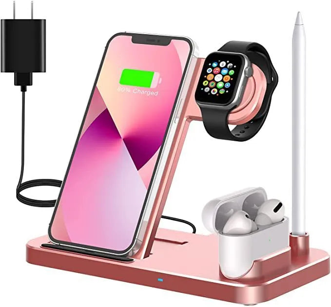 Black folding 4-in-1 wireless charger showing vertical stand for iPhone and flat charging pad.