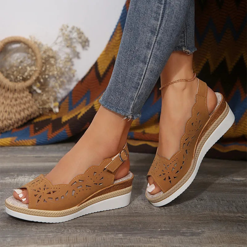New fish-mouth wedge sandals for women summer thick sole hollow buckle roman shoes in black, light brown, red