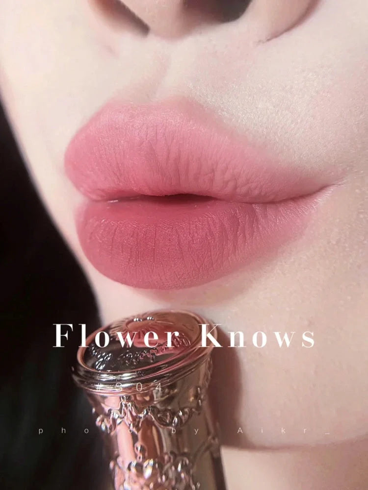 Flower Knows Strawberry Rococo Series Embossed Blush Velvet Matte Lip Glaze in vintage-inspired packaging