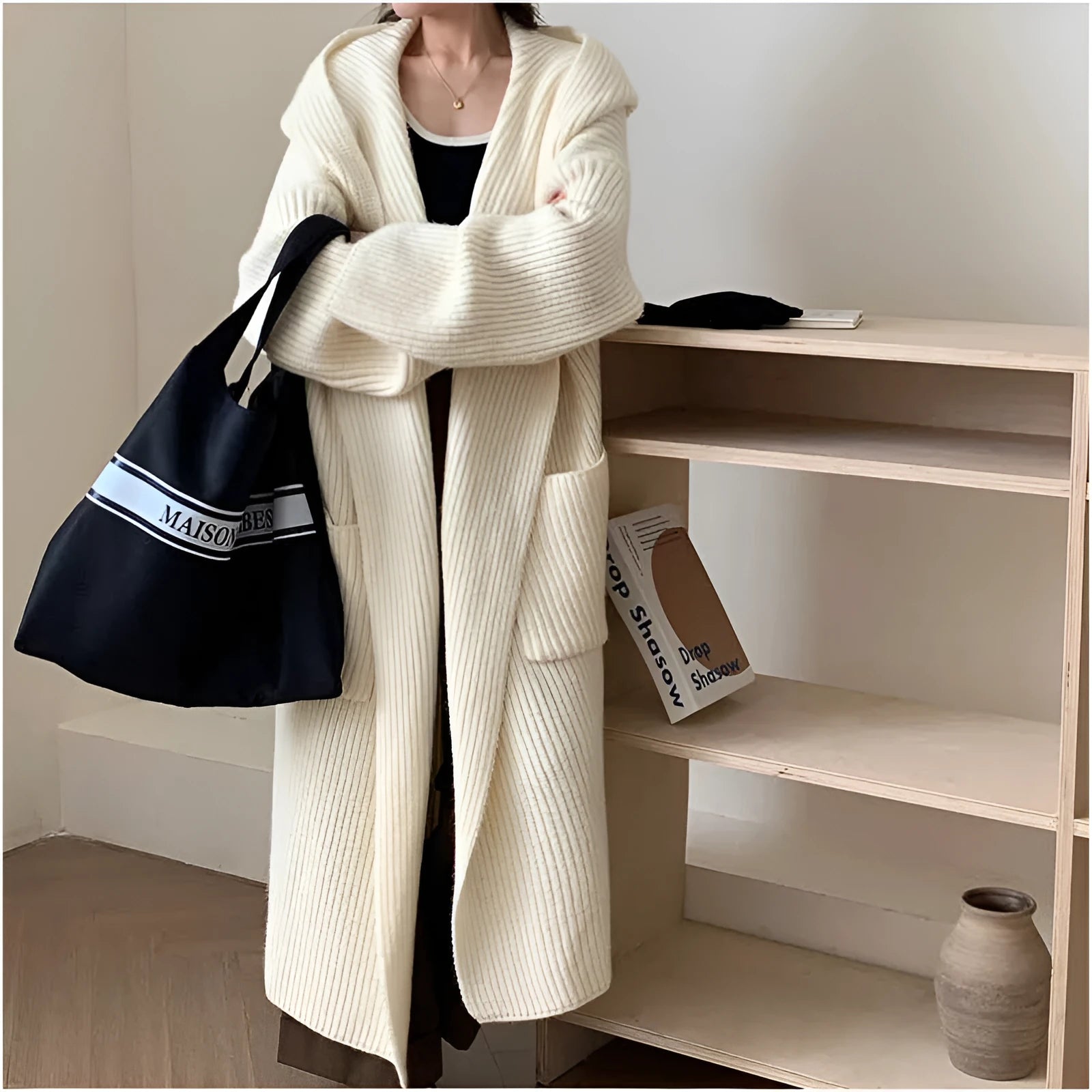 Loose hooded cardigan coat in extended 80cm length with raglan sleeves