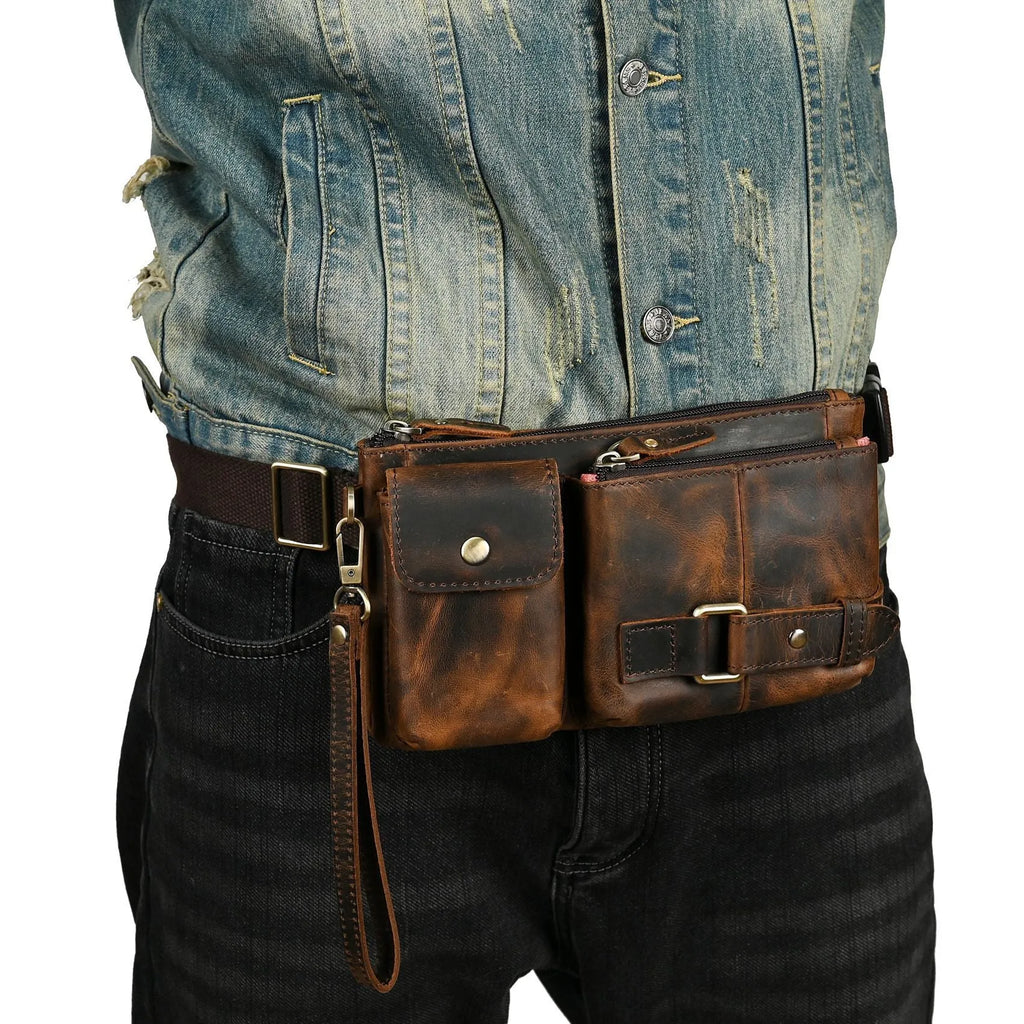 Genuine leather cowhide men's chest bag in solid colour with crossbody strap