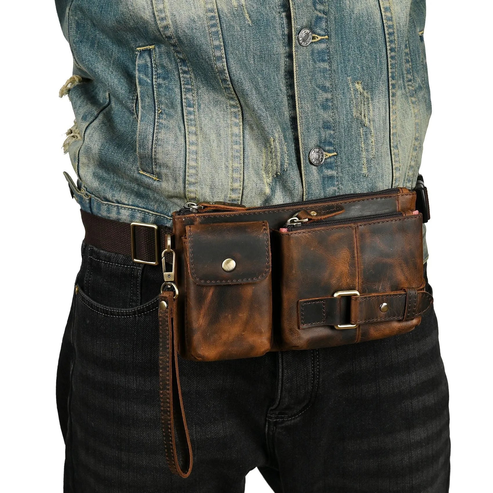 Genuine leather cowhide men's chest bag in solid colour with crossbody strap