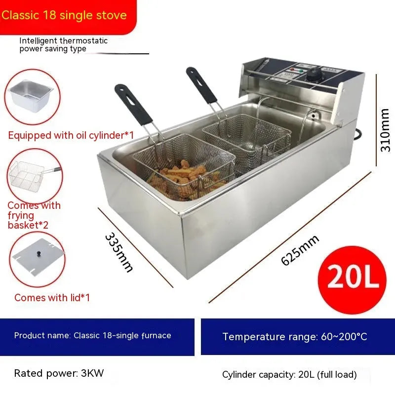 Stainless steel commercial deep fryer with oil tank, lid, and two frying baskets