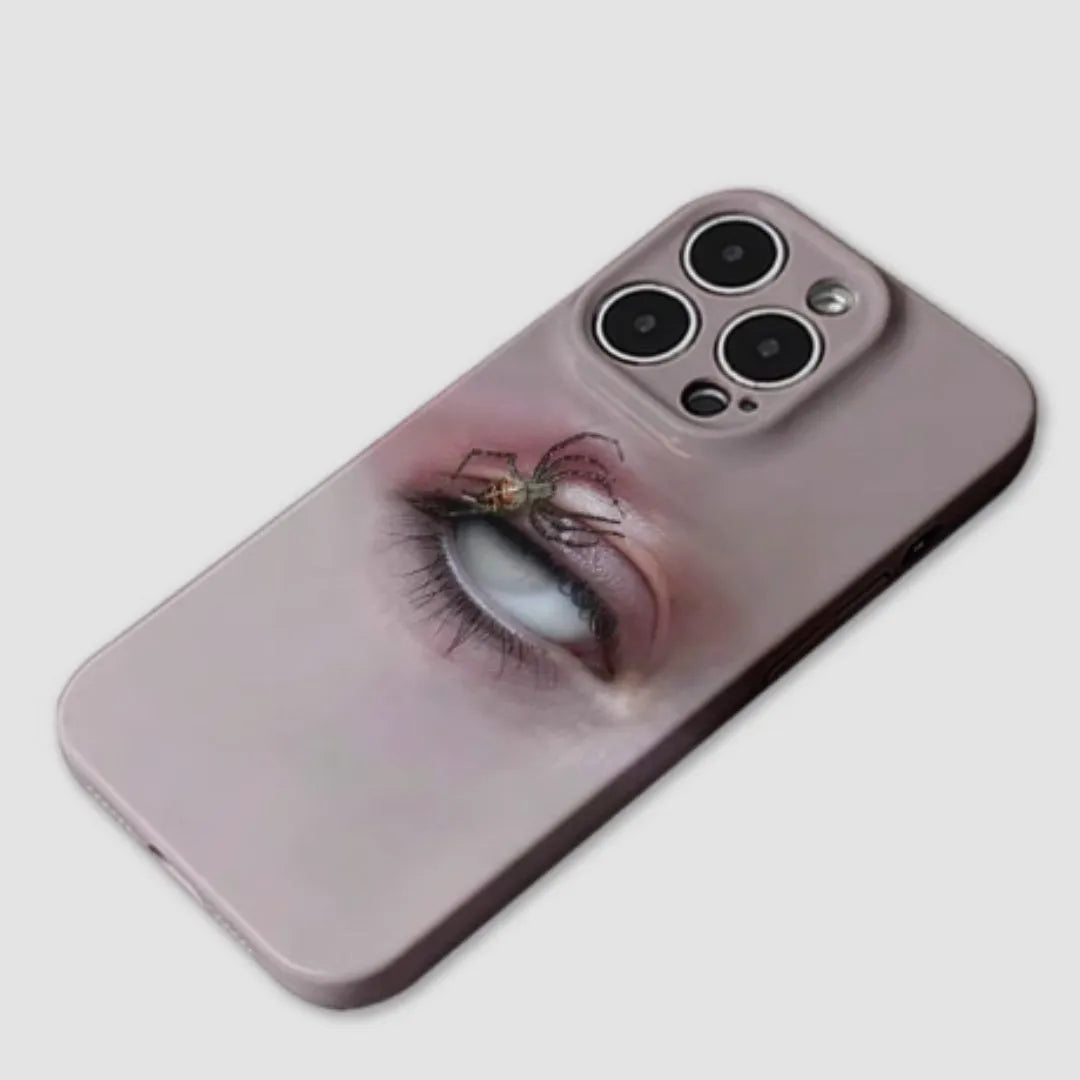Dark frosted iPhone case with a heterochromatic spider graphic design.