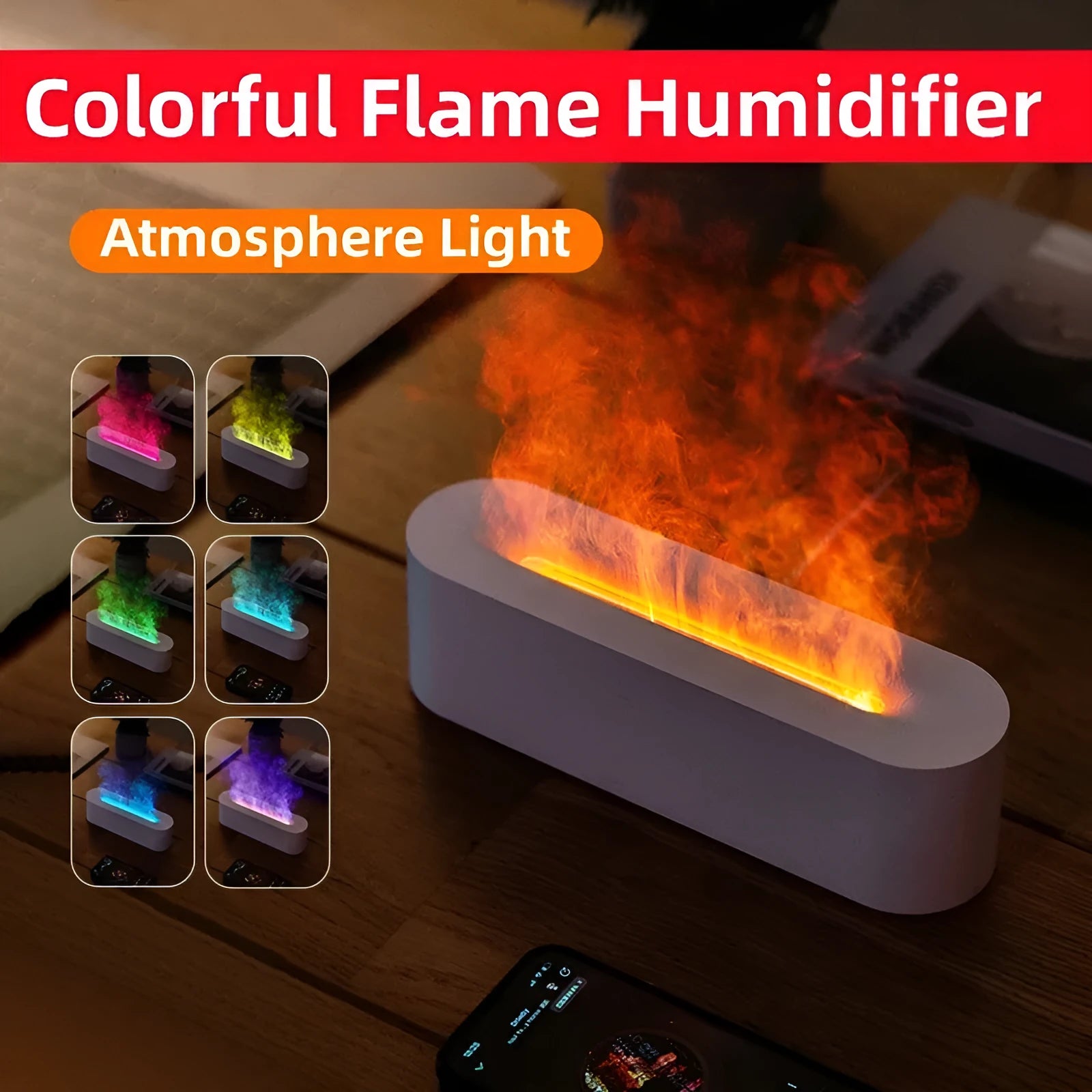 White square ultrasonic flame aroma diffuser with LED lights on a wooden table.