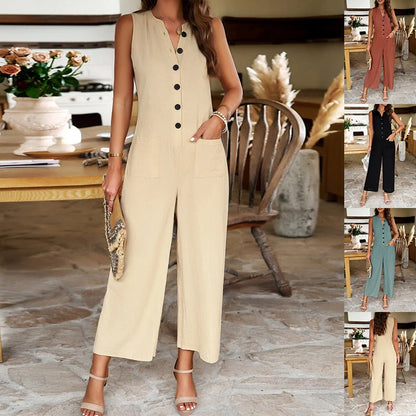 Women's sleeveless jumpsuit with button design and wide-leg pants in various colours