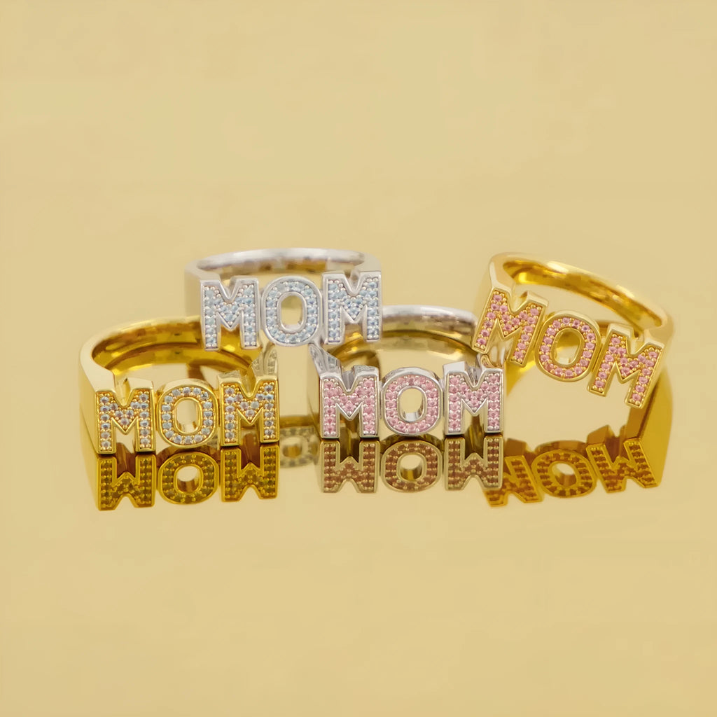 Copper open mouth ring with electroplated finish, six colour options including pink diamond gold and blue diamond silver, letter motif