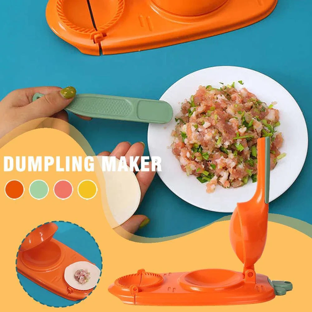 A versatile 2-in-1 kitchen tool for easily pressing dough and forming perfect dumplings, made of durable, food-grade plastic with an ergonomic handle and hanging hole for convenient storage.