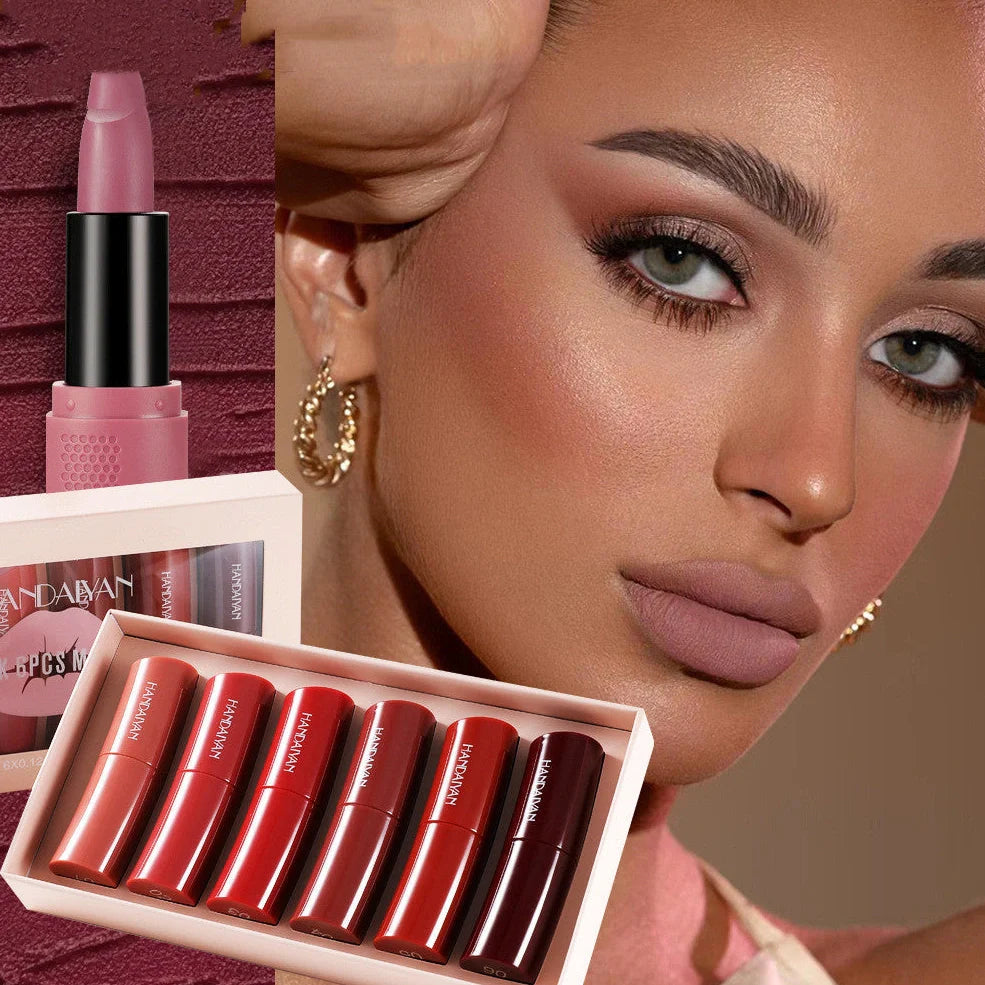 Six curved matte lipsticks in velvet texture with 3.5g content each in compact case