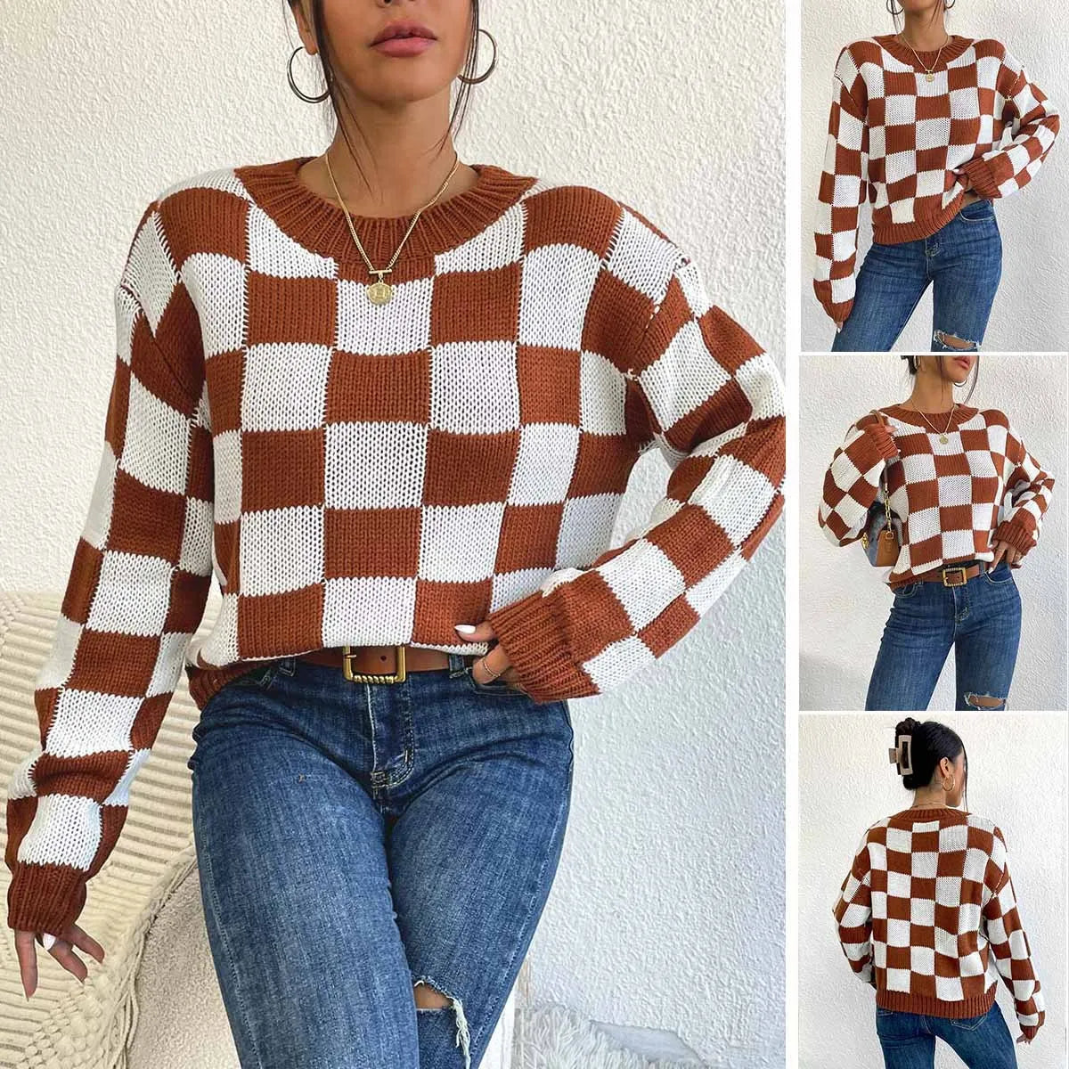 Dark brown plaid pattern acrylic loose pullover sweater with long sleeves and round neck.