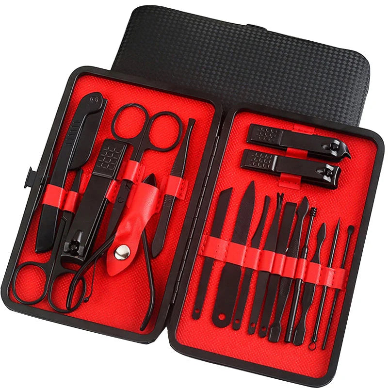 Professional Nail Care Set with stainless steel tools in a leather case