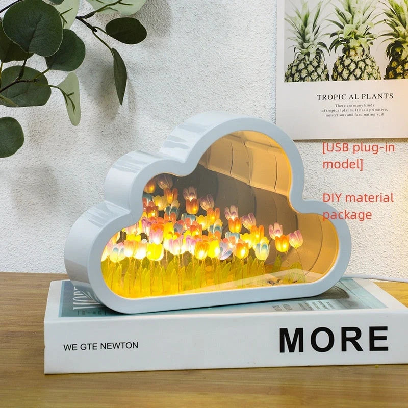 DIY Tulip Night Lamp with LED light and decorative mirror in pink, purple, or blue